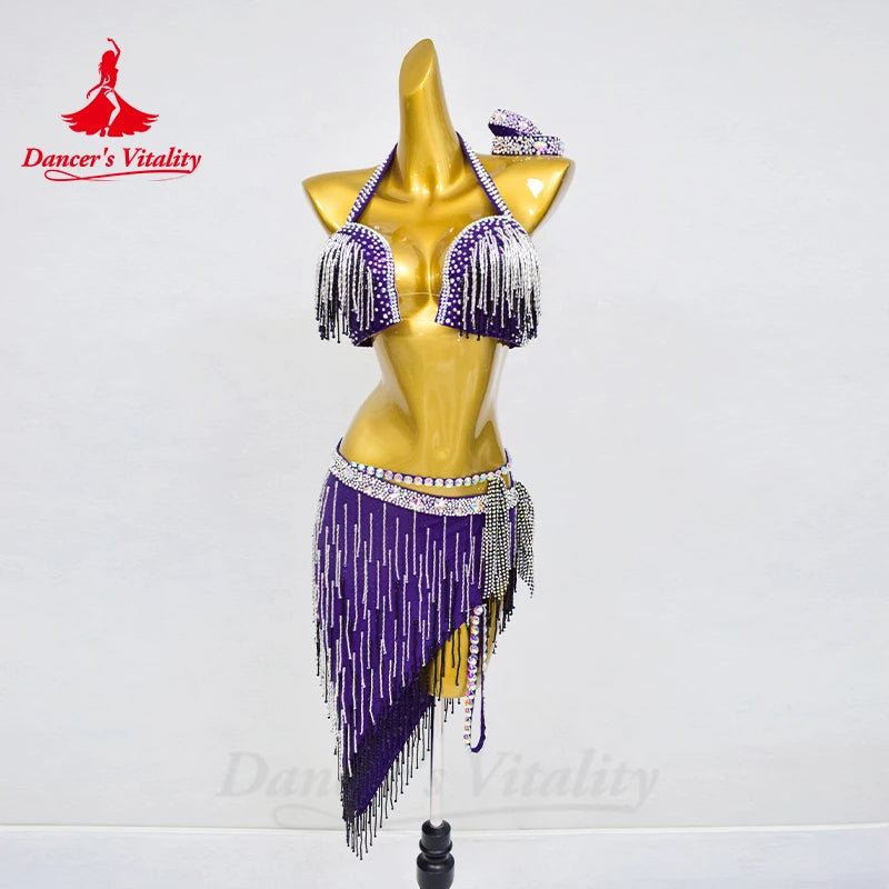 BellyDance Set Women's Customized Senior AB Stones Bra+Sexy Tassel Skirt 2pcs Belly Dance Professional Performance Clothing