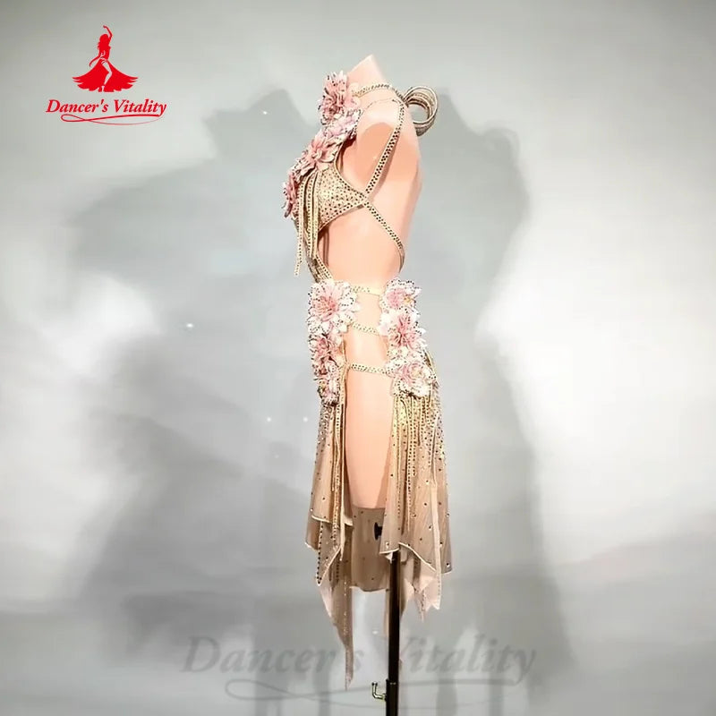 Latin Dancing Women's Customized Exquisite Flowers Sexy Backless Dress Girl Tango Chacha Samba Professional Performance Clothing