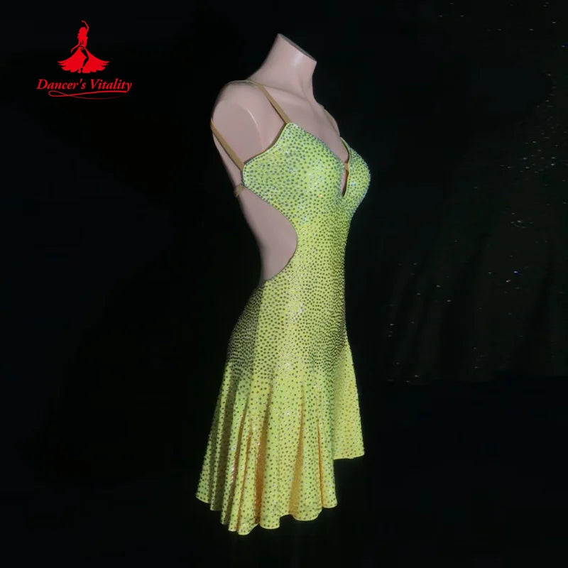 Latin Dancing Practice Clothes Customization Full Diamond Sexy Backless Fishtail Dress Women's Tango Chacha Performance Clothing