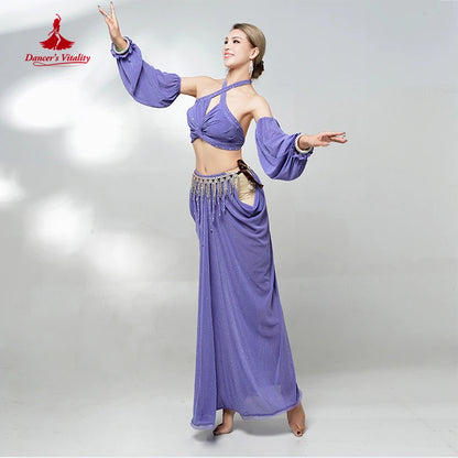 Belly Dance Performance Suit for Women Oriental Sleeveless Top+gloves+skirt 4pcs Girl's Belly Dancing Professional Clothing Set