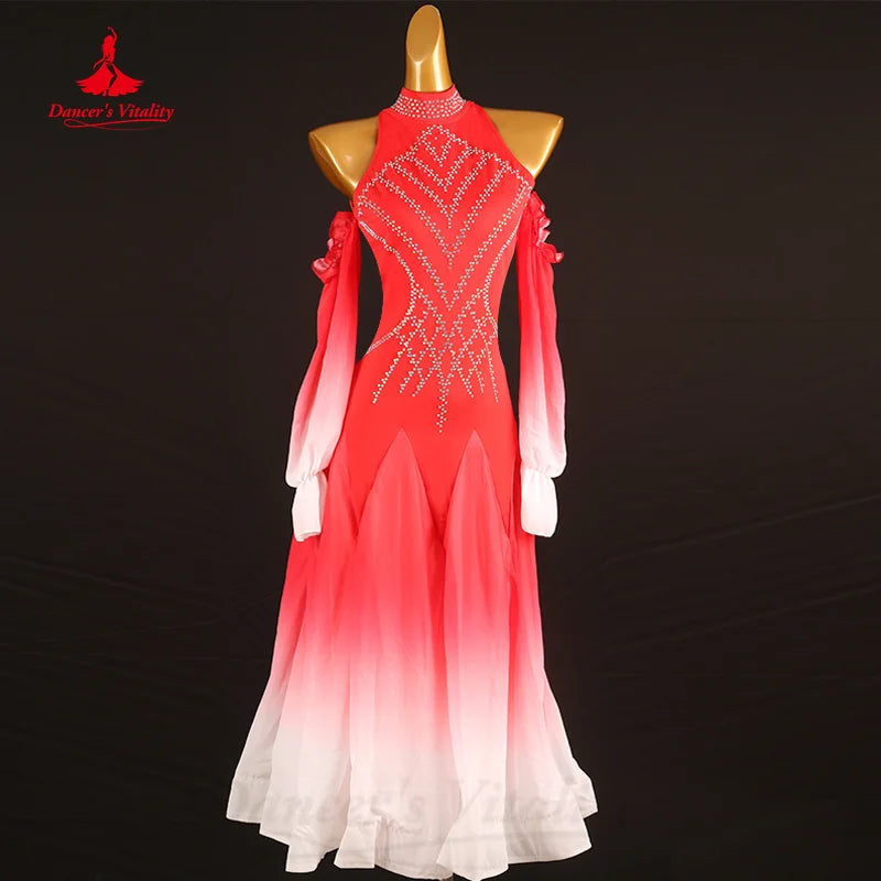 Modern Dancing Performance Costumes Customization Elegant Long Sleeved Gradient Dress Waltz Ballroom Dance Competition Dresses