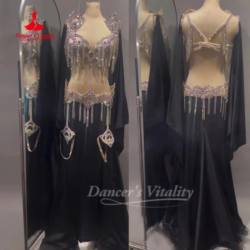 BellyDance Suit Customized Senior AB Stones Bra+Sleeve+Sexy Long Skirt Set Oriental Dance Competition Clothing Dance's Vitality