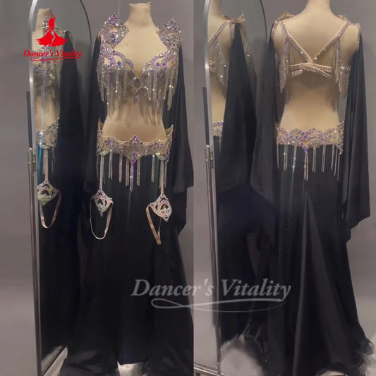 BellyDance Suit Customized Senior AB Stones Bra+Sleeve+Sexy Long Skirt Set Oriental Dance Competition Clothing Dance's Vitality