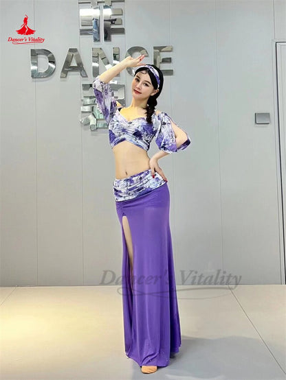 Belly Dance Practice Clothes Suit Mesh Printing Half Sleeves Top+long Skirt 2pcs for Women Belly Dancing Training Suit