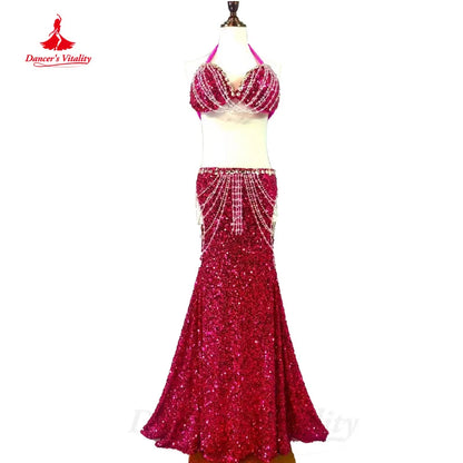 BellyDance Costume Customized Luxury Rhinestones Bra+Sexy Sequin Long Skirt Set Oriental Dance Professional Performance Clothing