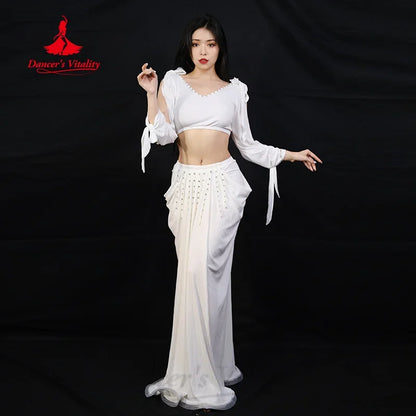 Belly Dancing Costume Set for Women Sexy Long Sleeved Top+Tassel Fishtail Skirt 2pcs Belly Dancer Professional Practice Clothes