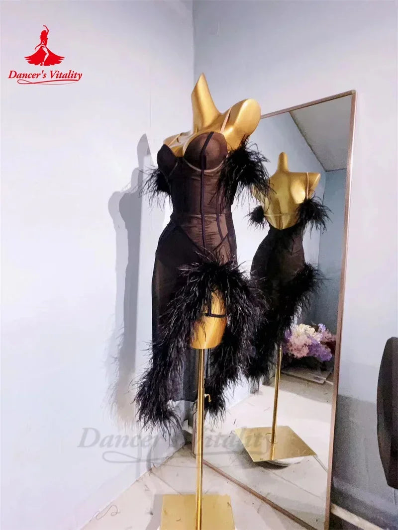 Latin Dance Professional Dress for Women Custom Senior AB Stones Feather Rumba Chacha Performance Skirt Adult Child Latin Dress