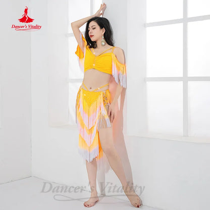 Belly Dancing Performance Set Customized Light Luxury Rhinestone Top+Sexy Split Tassels Skirt 2pcs Women Oriental Dance Clothing