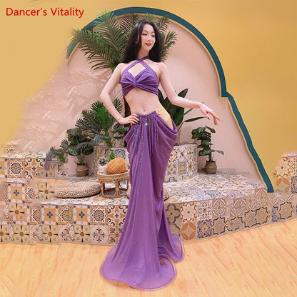 Belly Dance Practice Clothes Female Oriental Dance Top+sleeves+long Skirt 3pcs for Women Belly Dancing Outfit Bellydance Set