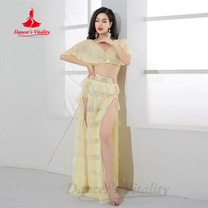 BellyDance Performance Set Women's Customized Light Luxury Rhinestone Sequins Oriental Dance Practice Set Belly Dancing Outfit