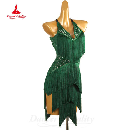 Latin Dance Clothing Women Customized AB Stones Sexy Backless Tassel Dress Tango Chacha Samba Professional Competition Dresses