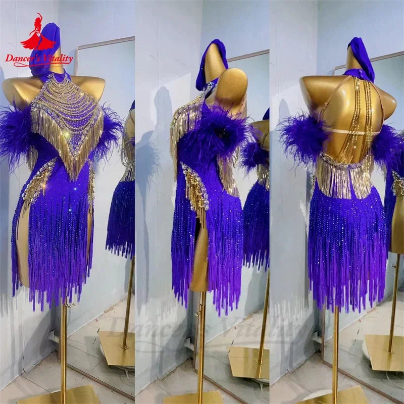 Latin Dance Tassel Dress for Women Customsized Chacha Tango Performance Competiton Costume Adult Children Latin Fringe Dresses