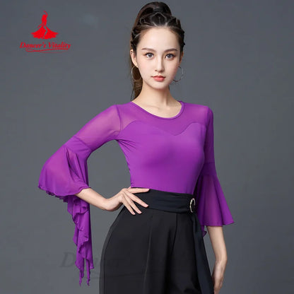 Latin Dancing Costumes Women's Customization Comfortable and Slimming Flared Sleeve Top Chacha Tango Rumba Practice Clothes