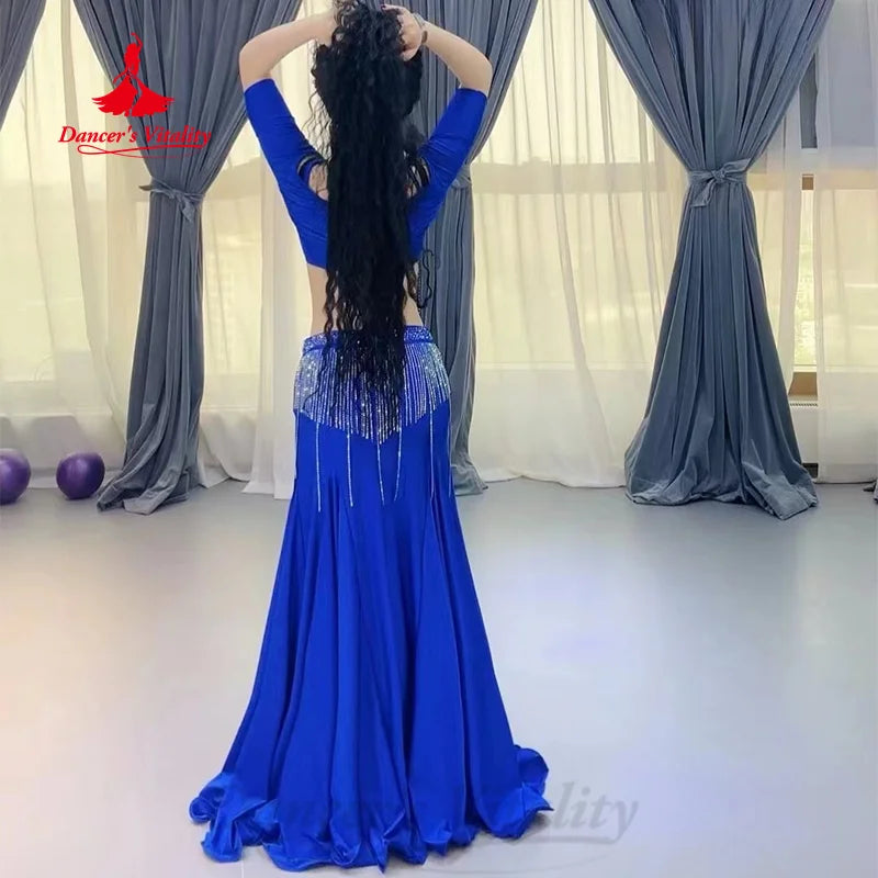 BellyDance Set Women Customized V-neck Short Sleeved Top+Tassel Long Skirt 2pcs Oriental Dance Professional Performance Costumes