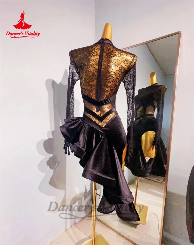 Latin Dance Dress for Women Lace Long Sleeves Rumba Chacha Practice Clothes Customsized Adult Children Latin Dancing Dresses