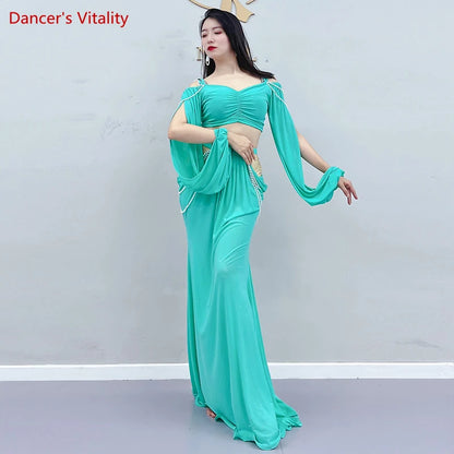 Belly Dance Clothing for Women Mesh Pearls Sleeves Top+long Skirt 2pcs Girl's Oriental Costumes Set Female Practice Wear Outfit