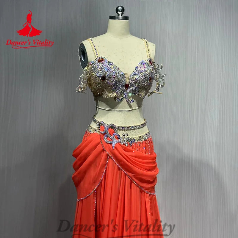 Bellydance Costume Senior AB Stones Bra+Light Luxury Rhinestone Chiffon Long Skirt Suit Oriental Dance Performance Costumes