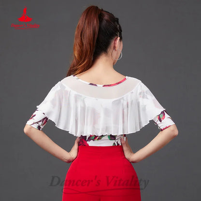 New Latin Dance Practice Clothing Customized Rose Print Half Sleeve Top Tango Chacha Samba Professional Performance Costumes