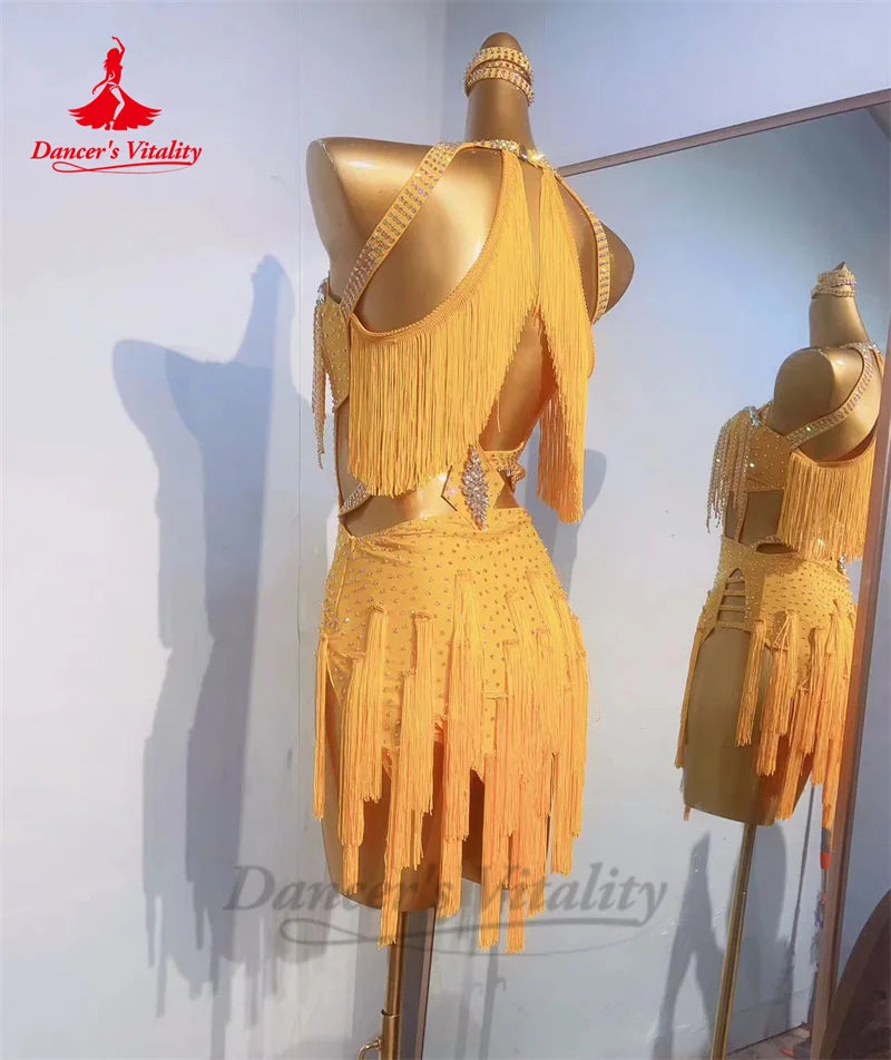 Latin Dance Tassel Dresses for Women B Stones Rumba Chacha Tango Performance Competiton Clothes Adult Child Latin Fringe Dresses