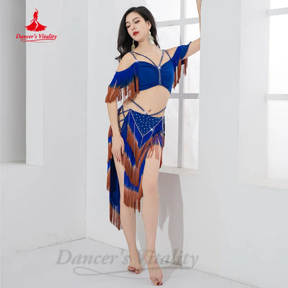 Belly Dancing Performance Set Customized Light Luxury Rhinestone Top+Sexy Split Tassels Skirt 2pcs Women Oriental Dance Clothing