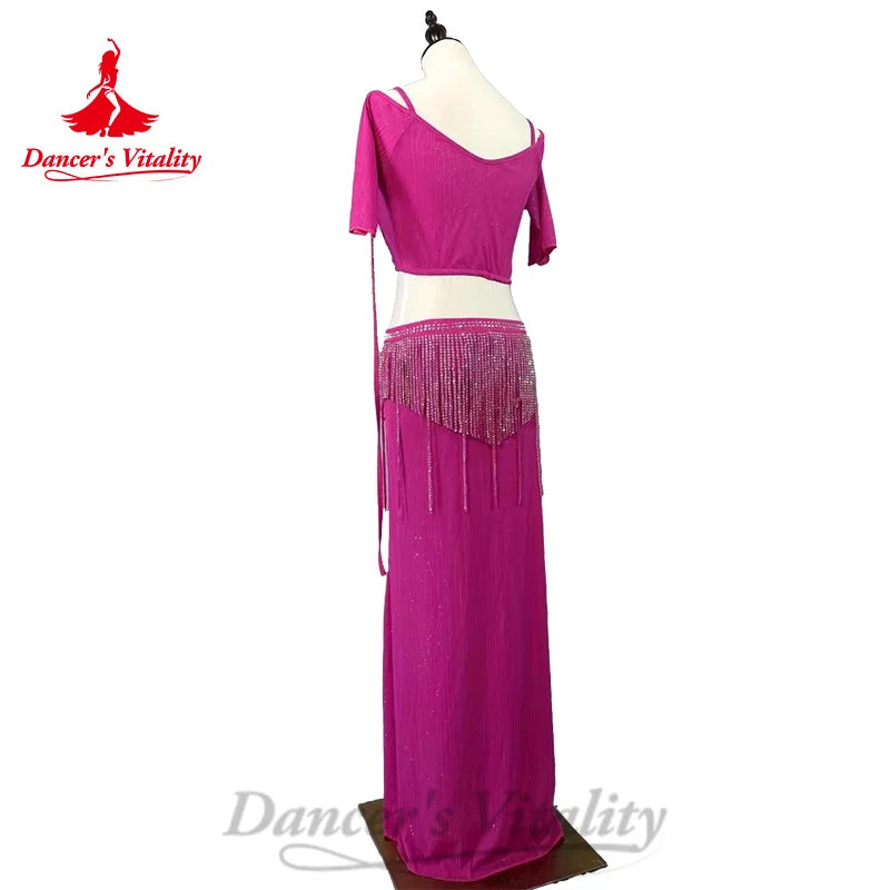 Belly Dance Costume Customized Short Sleeve V-neck Top+tassels Long Skirt 2pcs Oriental Dance Professional Performance Clothing