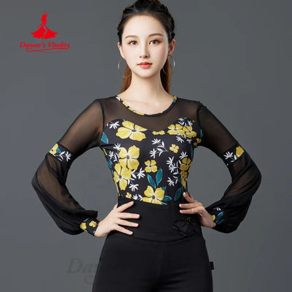 Latin Dancing Modern Dance Costume Women's Customized High Grade Printed Long Sleeved Top Tango Chacha Samba Training Clothes