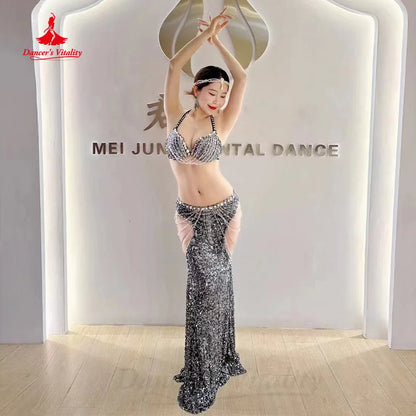 BellyDance Costume Customized Luxury Rhinestones Bra+Sexy Sequin Long Skirt Set Oriental Dance Professional Performance Clothing