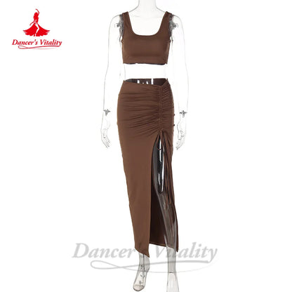 Belly Dance Costume Set for Women Cotton Sleeveless Top+split Long Skirt 2pcs Sexy Oriental Belly Dancing Practice Clothes Suit