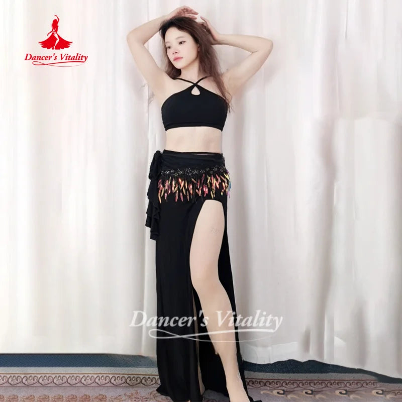 Belly Dance Practice Clothes Top+Skirt+Hip Scarf 3pcs for Adult Soft and Comfortable Oriental Dance Clothing Dancer's Vitality