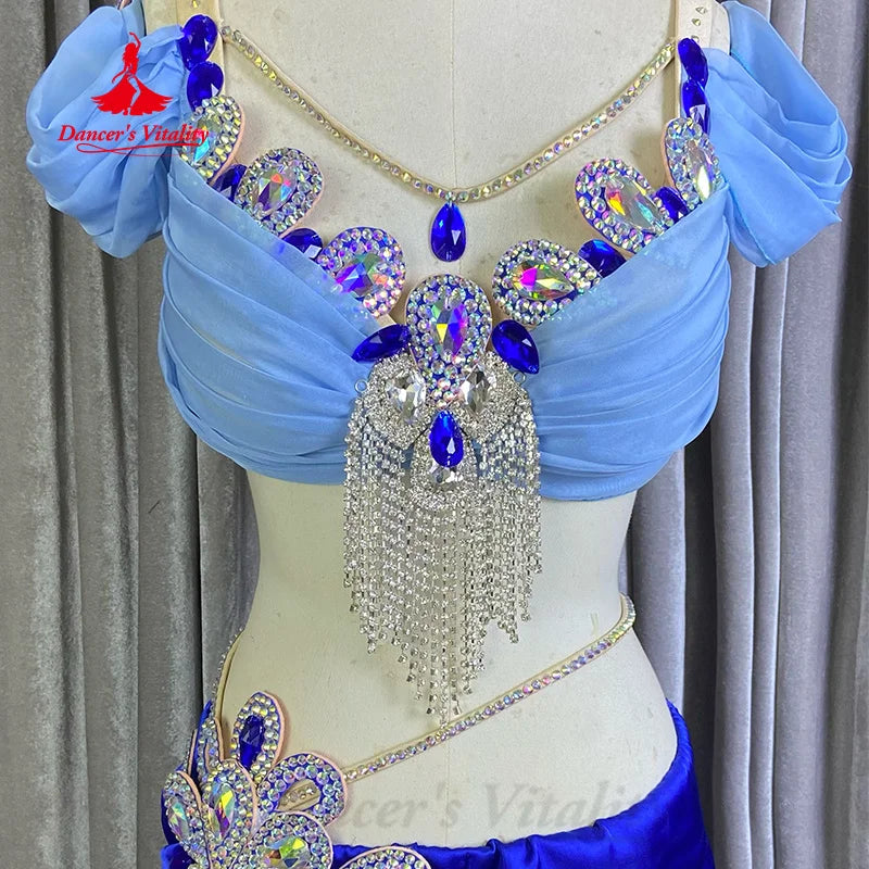 Belly Dancing Suit Customized High Luxury Rhinestone Satin Performance Set Adult Children Oriental Dance Competition Clothing