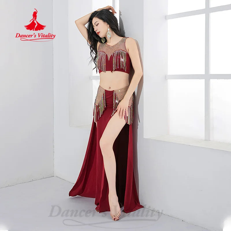 Belly Dance Performance Costume Women's Customized Light Luxury AB Stones Tassel Set Adult Oriental Dance Competition Clothing