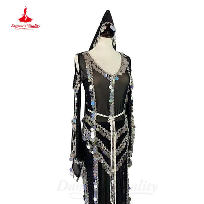 BellyDance Costume Set Customized AB Stones Bra+sequin Trumpet Sleeve Dress+Headscarf 3pcs Oriental Dance Performance Clothing