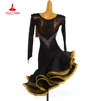 Latin Dance Clothing Customized Long Sleeved AB Stones Sexy Hip Wrap Skirt Adult and Children's Tango Rumba Performance Costumes