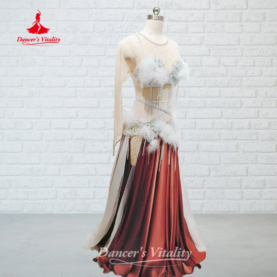BellyDance Suit for Women Customized  AB Stones Feather Performance Costume Oriental Dance Competition Clothing Dance's Vitality