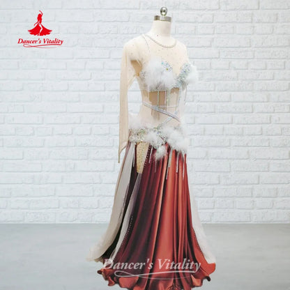 BellyDance Suit for Women Customized  AB Stones Feather Performance Costume Oriental Dance Competition Clothing Dance's Vitality