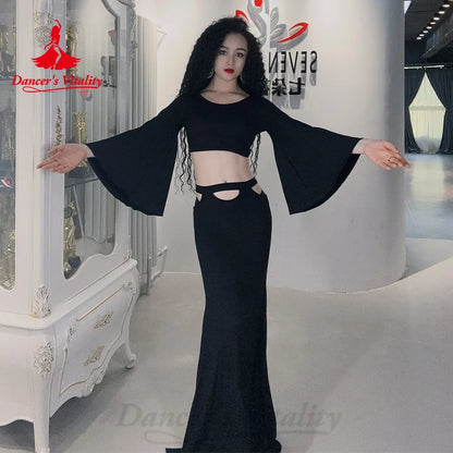 BellyDance Comfort Pure Cotton Set Customized Trumpet Sleeve Top+sexy Hip Wrap Skirt 2pcs Oriental Dance Performance Costumes