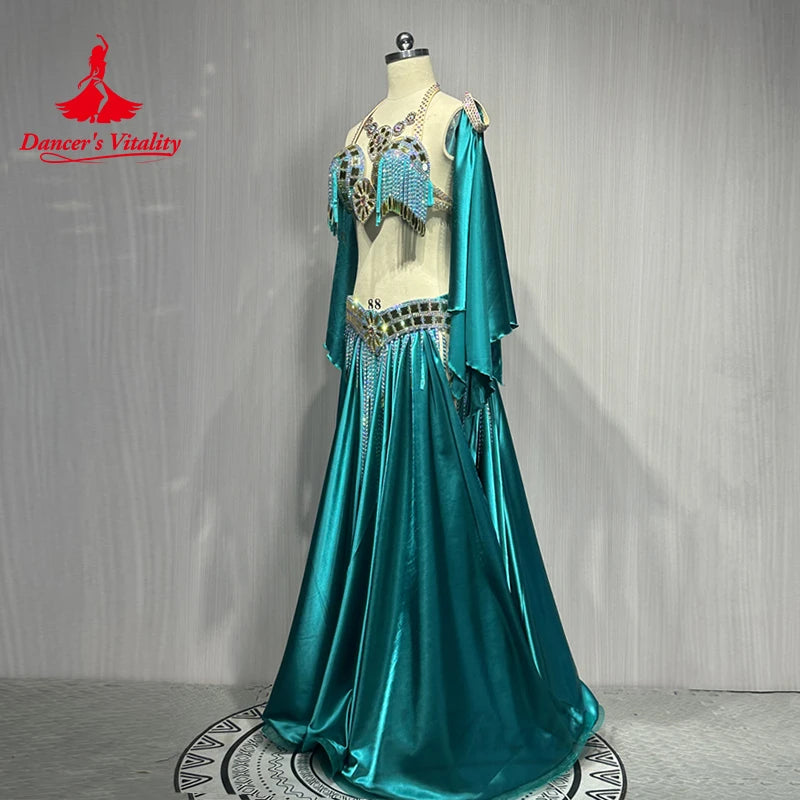 Belly Dance Costume Suit Customized Diamond Tassels Bra+Satin Long Skirt+Hand Sleeves 3ps Oriental Dance Performance Costumes