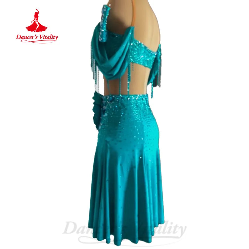 Latin Dance Performance Clothing for Women Custom Senior AB Stones Rumba Chacha Tango Competiton Costume Skirt Child Latin Suit