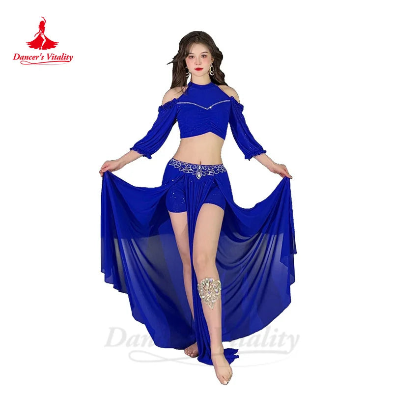 Belly Dance Costume Set for Women Gauze Half Sleeves Top+senior AB Stones Split Skirt 2pcs Adult Oriental Bellydance Outfit