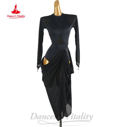 Latin Dance Practice Clothing Adult Children Customized Sheer Long Sleeved Dress Chacha Samba Professional Performance Costumes