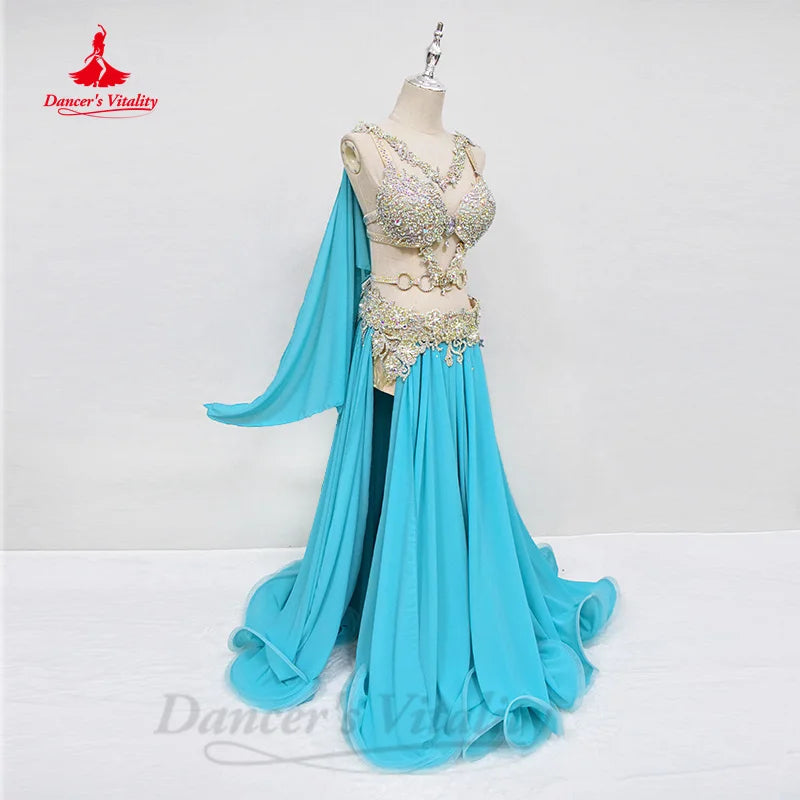 Bellydance Costume Set Customized Luxury AB Stones Bra+sexy Split Long Chiffon Skirt 2pcs Oriental Dance Performance Clothing