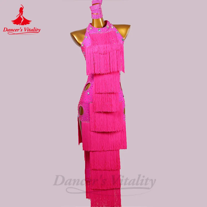 Latin Dance Fringe Dress for Women Senior Stones Tassel Skirt Rumba Chacha Tango Performance Costume Adult Child Latin Dresses