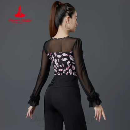 Latin Dance Long Sleeved Tops Customized High End Printed Slimming Top Women's Tango Chacha Samba Professional Training Clothes