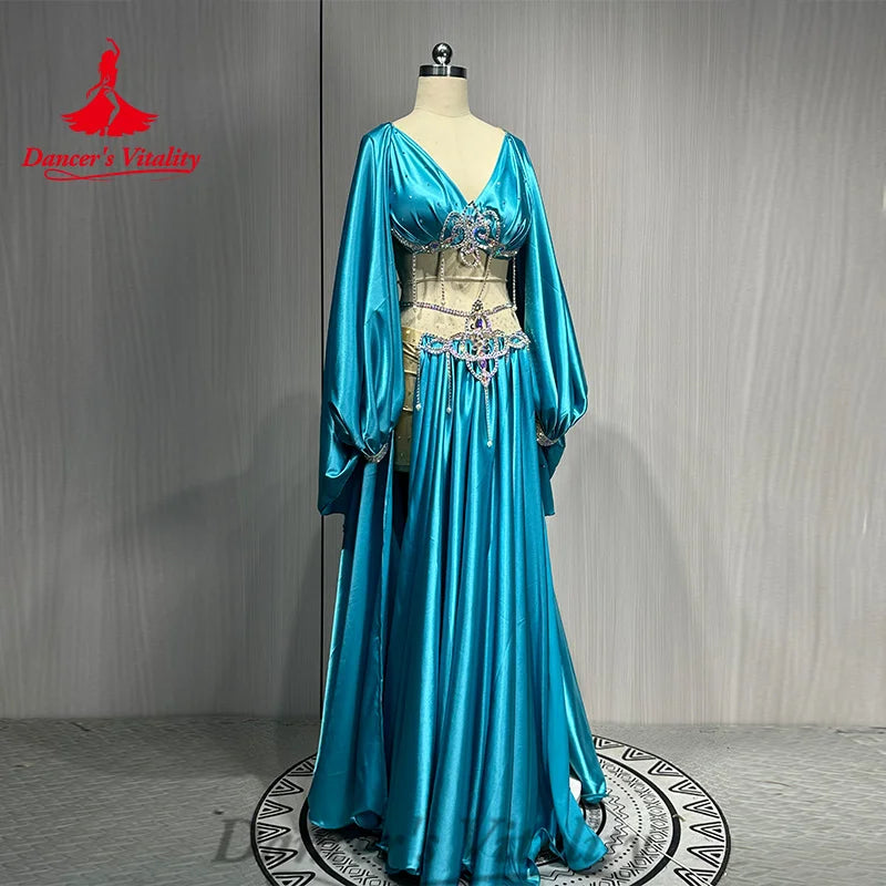 Belly Dance Costume Suit Women's Customized Diamond Long Sleeved Tops+Satin Split Long Skirt Oriental Dance Performance Costumes