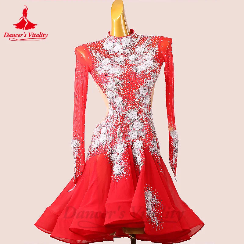 Latin Dance Dress for Women Spandex Long Sleeves Flowers Rumba Chacha Tango Performance Skirt Custom Adult Child Latin Dresses