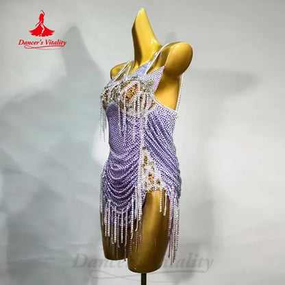 Latin Dance Professional Performance Clothing Customized High End Luxury Full Diamond Tassel Dress Women's Competition Clothing