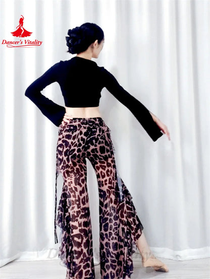 Belly Dance Practice Costume Set for Women Modal Double Bow Tie Top Black Rice Leopard Pattern Mesh Lace Pants