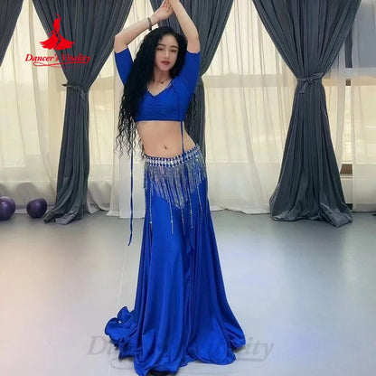 BellyDance Set Women Customized V-neck Short Sleeved Top+Tassel Long Skirt 2pcs Oriental Dance Professional Performance Costumes