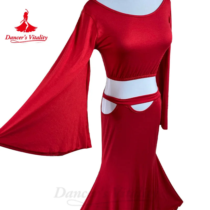 BellyDance Comfort Pure Cotton Set Customized Trumpet Sleeve Top+sexy Hip Wrap Skirt 2pcs Oriental Dance Performance Costumes