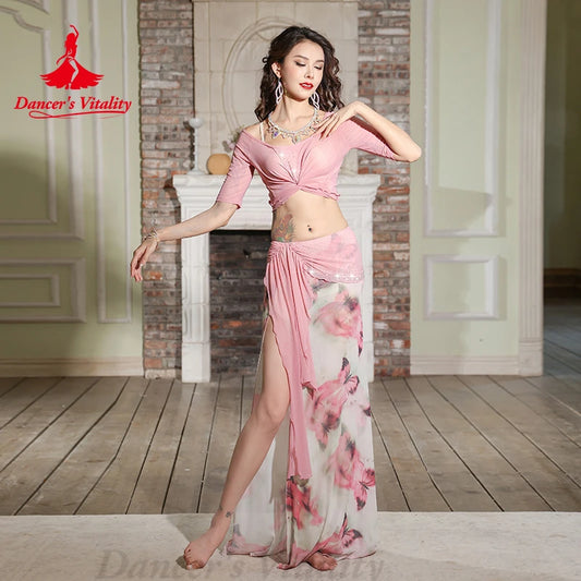 Belly Dance Costume Set for Women Mesh Half Sleeves Top+Printed Split Skirt Oriental Dancing Performance Clothing Outfit